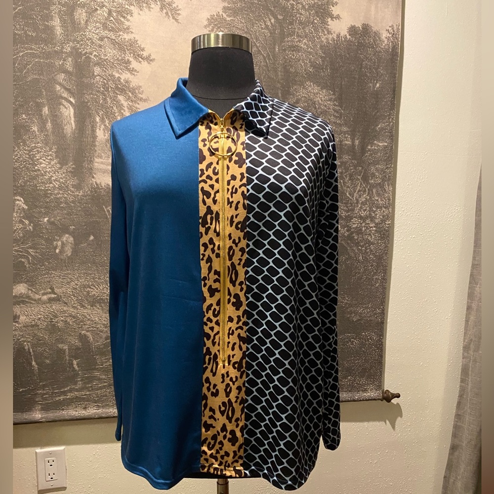 Long Sleeve Blue and Leopard Shirt